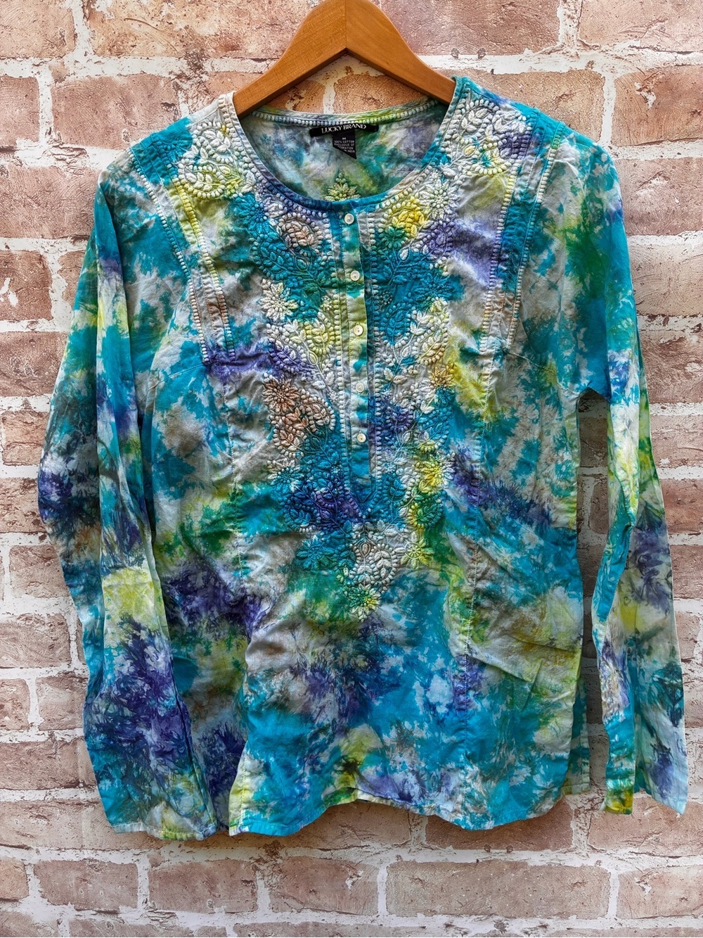 Vintage Lucky Brand M cotton y2k Multicolor Tie-Dye Embroidered tunic blouse
